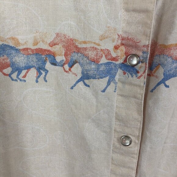 Wrangler Blues Top Womens Large Yellow Running Horses Pearl Snaps Cowboy Core - Picture 10 of 16